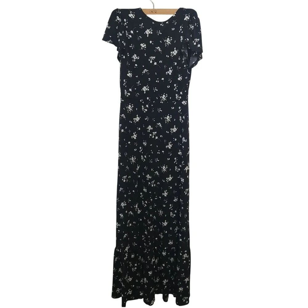 Gilli Short Sleeve V Neck Maxi Dress Black‎ Floral Print Womens Size Medium